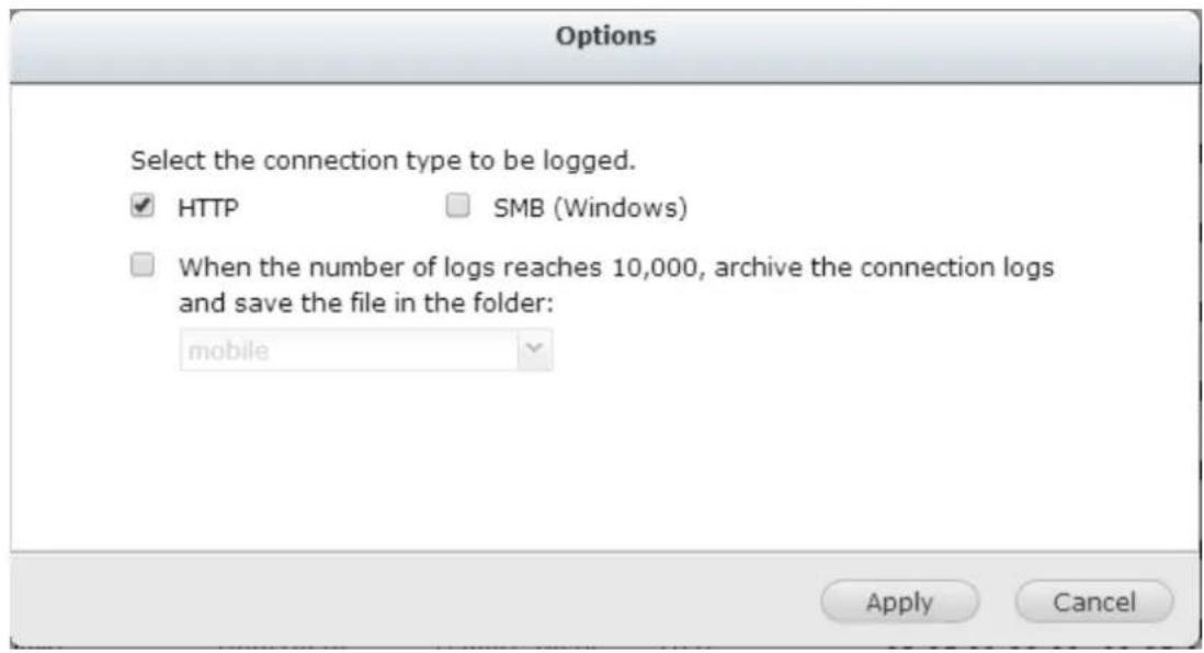 Options Select the connection type to be logged. ✓ HTTP □ SMB (Windows) □ When the number of logs reaches 10,000, archive the connection logs and save the file in the folder: mobile Apply Cancel