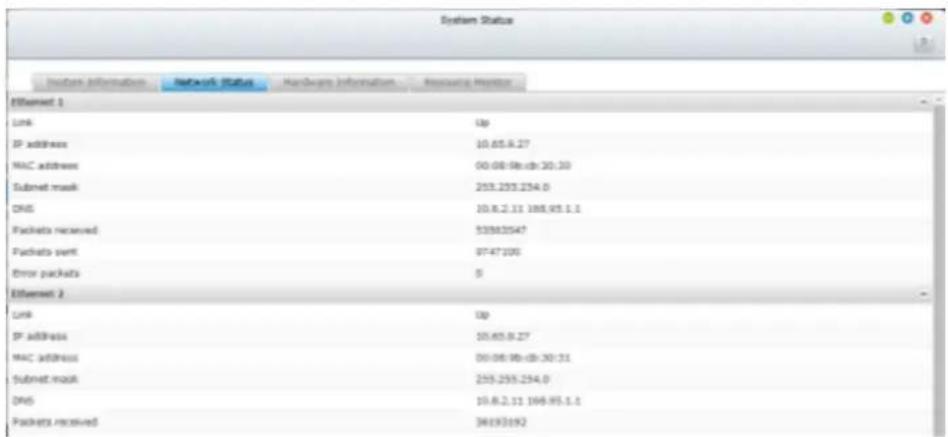 System Status Information Information Network Status Hardware Information Accounting Monitor Ethernet 1 Link IP address MAC address Submit mask DNS Packets received Packets sent Error packets Ethernet 2 Link IP address MAC address Submit mask DNS Packets received Up 10.65.8.27 00:08:96:00:30:30 255.…