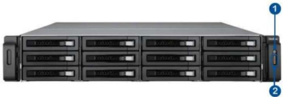 Front view of a rack-mounted server with multiple drive bays and indicator lights (no visible text or labels)