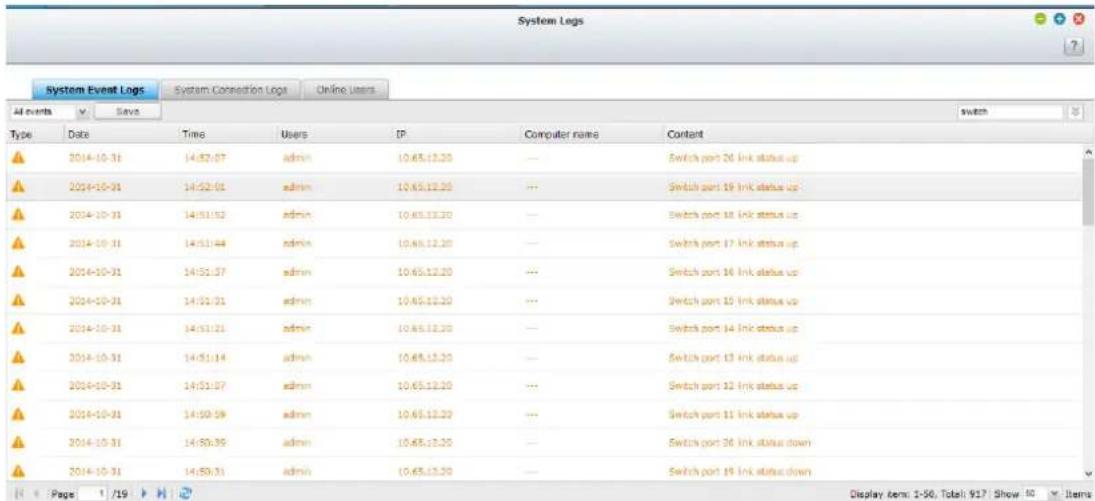 System Event Logs System Connection Logs Online Users All events Save Type Date Time Users IP Computer name Content 2014-10-31 14:52:07 admin 10.65.12.20 - Switch port 26 link status up 2014-10-31 14:52:01 admin 10.65.12.20 - Switch port 19 link status up 2014-10-31 14:51:02 admin 10.65.12.20 - Swit…