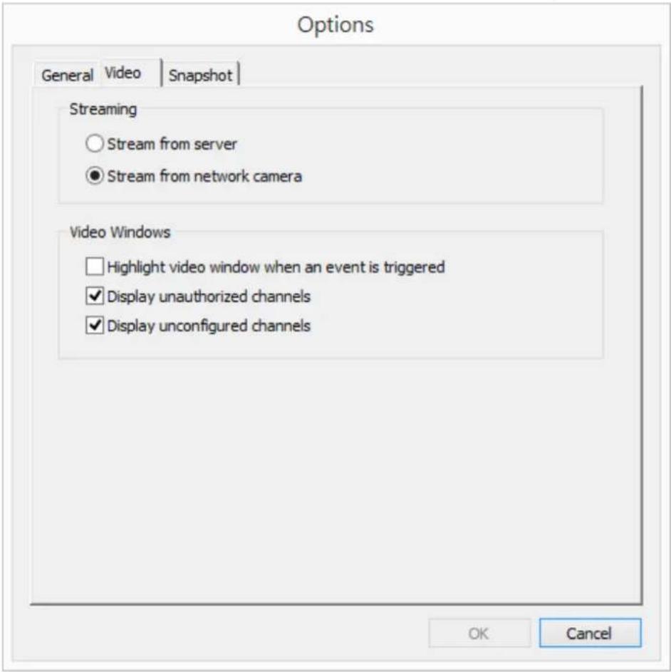 Options General Video Snapshot Streaming ○ Stream from server ● Stream from network camera Video Windows □ Highlight video window when an event is triggered ✓ Display unauthorized channels ✓ Display unconfigured channels OK Cancel