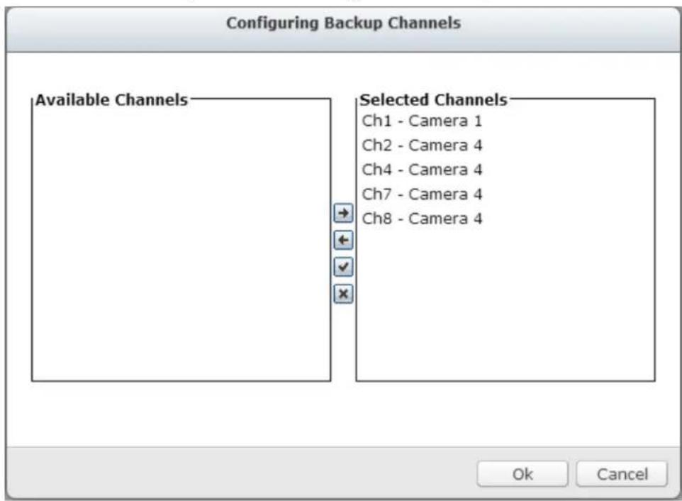 Configuring Backup Channels Available Channels Selected Channels Ch1 - Camera 1 Ch2 - Camera 4 Ch4 - Camera 4 Ch7 - Camera 4 Ch8 - Camera 4 Ok Cancel