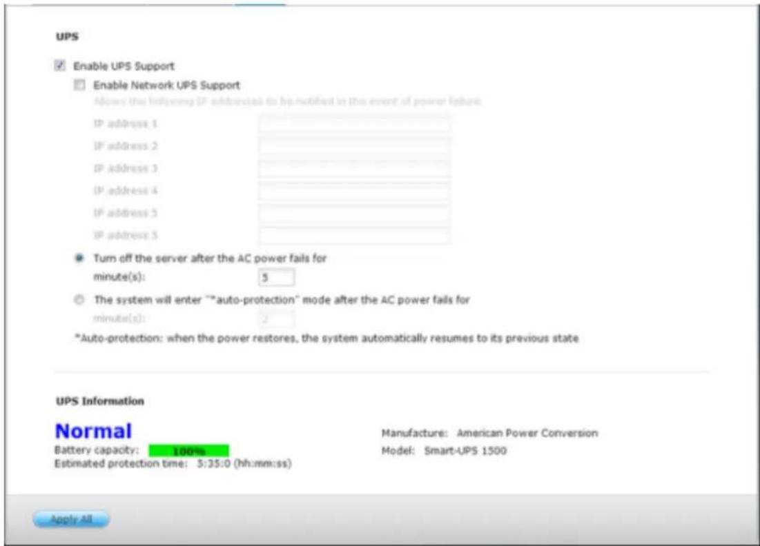 UPS Enable UPS Support Enable Network UPS Support Allows the following IP address to be notified in the event of power failure: IP address 1 IP address 2 IP address 3 IP address 4 IP address 5 IP address 5 Turn off the server after the AC power fails for minute(s): 5 The system will enter ""auto-pro…
