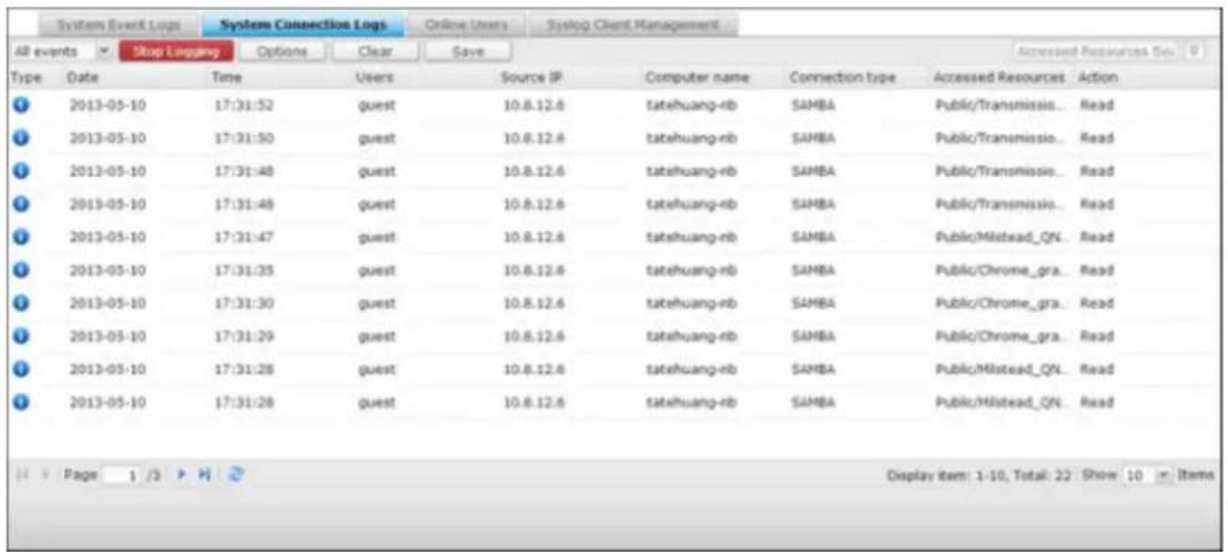 System Event Logs System Connection Logs Online Users Syslog Client Management All events Stop Logging Options Clear Save Accessed Resources Set Type Date Time Users Source IP Computer name Connection type Accessed Resources Action 2013-05-10 17:31:52 guest 10.8.12.6 tatehuang-nb SAMBA Public/Transm…