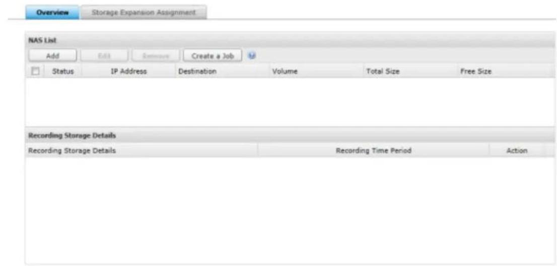 Overview Storage Expansion Assignment NAS List Add Edit Remove Create a Job Status IP Address Destination Volume Total Size Free Size Recording Storage Details Recording Storage Details Recording Time Period Action