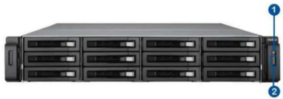 Front view of a rack-mounted server rack with multiple drive bays and indicator lights (no visible text or labels)