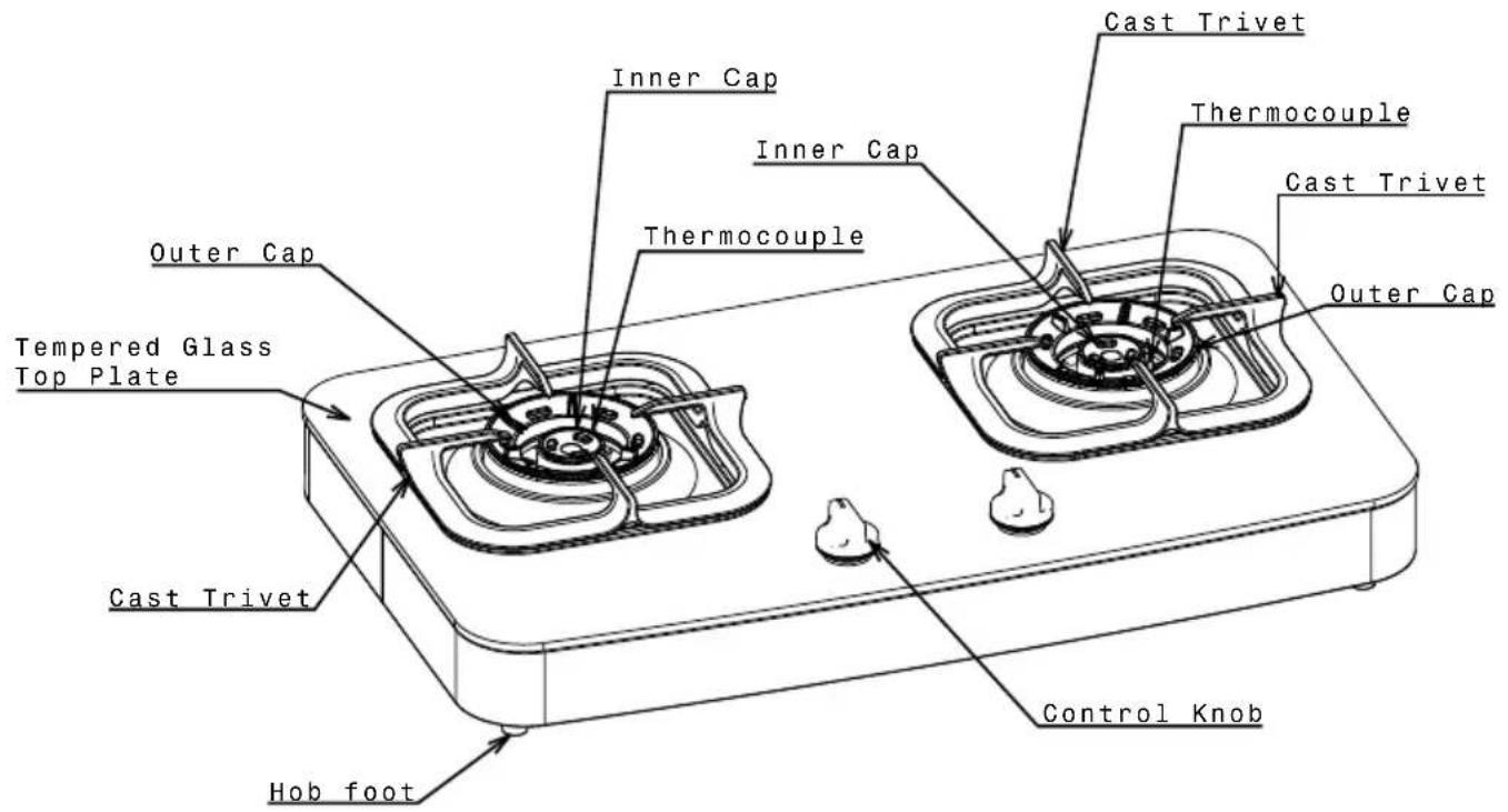 Outer Cap Tempered Glass Top Plate Inner Cap Thermocouple Cast Trivet Outer Cap Cast Trivet Thermocouple Control Knob Hob foot