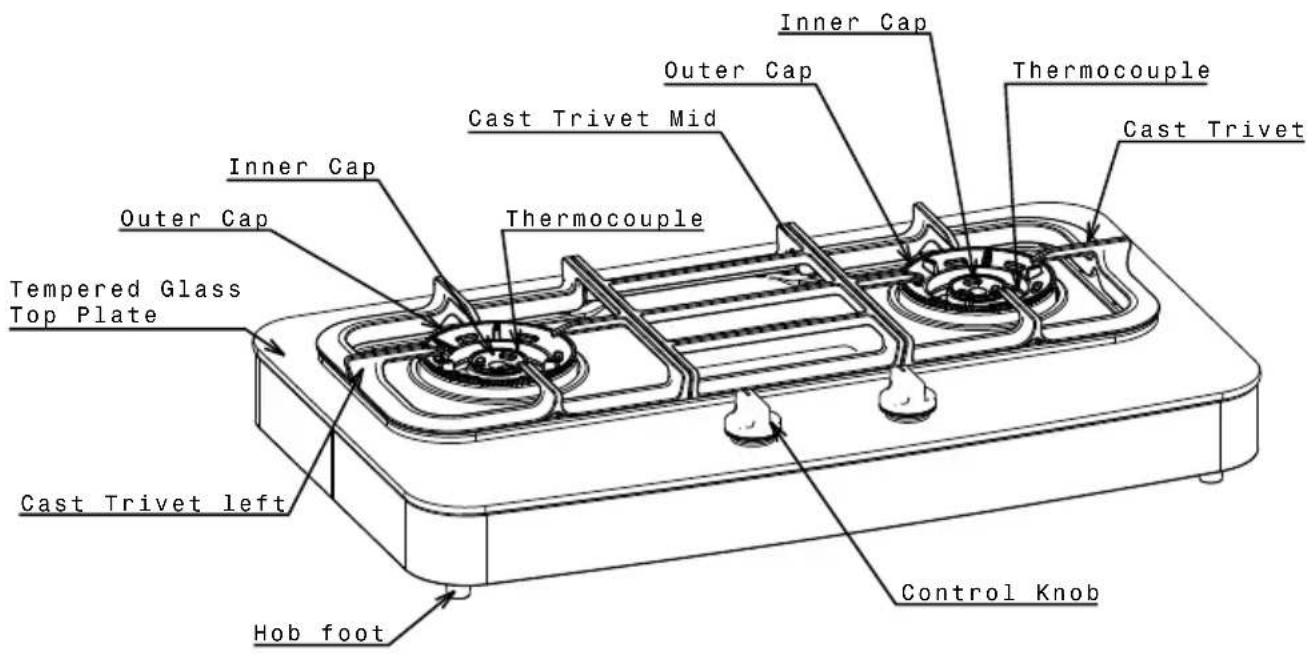 Inner Cap Outer Cap Thermocouple Cast Trivet Mid Inner Cap Thermocouple Cast Trivet Inner Cap Outer Cap Thermocouple Tempered Glass Top Plate Cast Trivet left Control Knob Hob foot