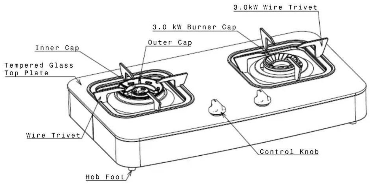 3.0kW Wire Trivet 3.0 kW Burner Cap Outer Cap Inner Cap Tempered Glass Top Plate Wire Trivet Hob Foot Control Knob