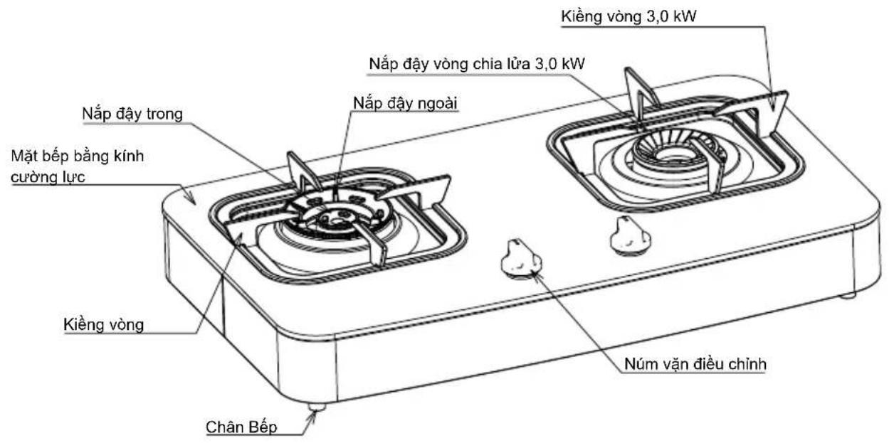 Kiềng vòng 3,0 kW Nắp dãy vòng chia lữa 3,0 kW Nắp dãy ngoài Nắp dãy trong Mặt bép bằng kính cường lực Kiềng vòng Chân Bép Núm vận điều chỉnh