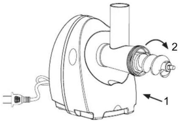 Technical diagram of a mechanical device with labeled parts 1 and 2, showing wiring and components.