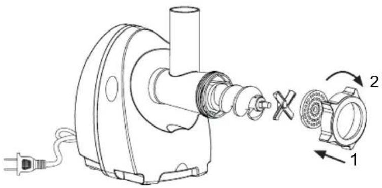 Technical diagram of an electric motor with labeled components and directional arrows indicating rotation or assembly.
