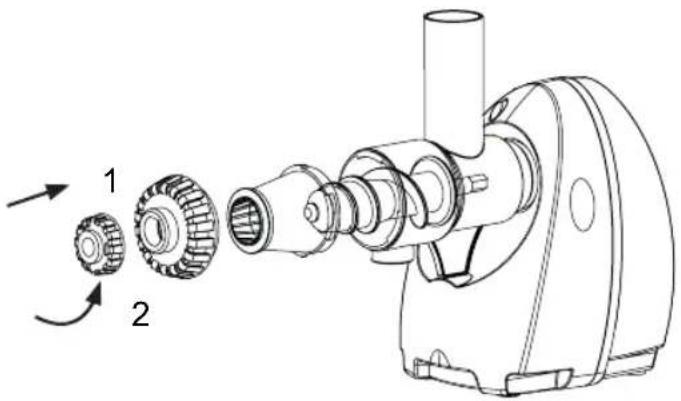 Technical diagram of a mechanical assembly with labeled parts 1 and 2, showing gear and housing components.