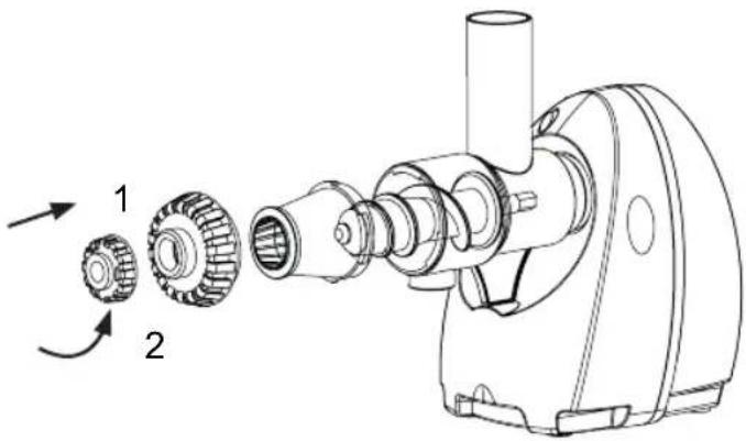 Technical diagram of a mechanical assembly with labeled parts 1 and 2, showing gear and housing components.
