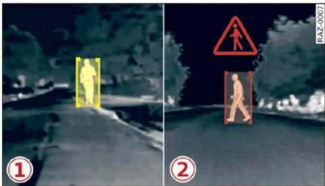 Two-panel image showing pedestrian crossing signals: left panel with yellow bounding boxes and red warning sign, right panel with orange crosshairs and 'RAZ-0007' label.