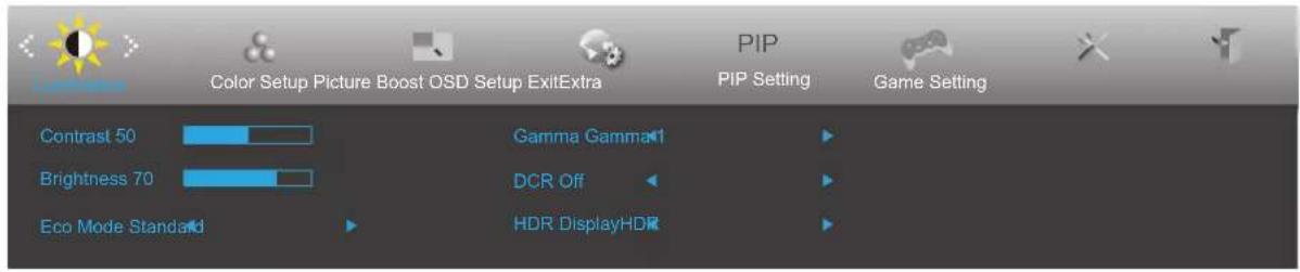 Color Setup Picture Boost OSD Setup ExitExtra Contrast 50 Brightness 70 Eco Mode Standard Gamma Gamma↑ DCR Off HDR DisplayHDR PIP Setting PIP Setting Game Setting