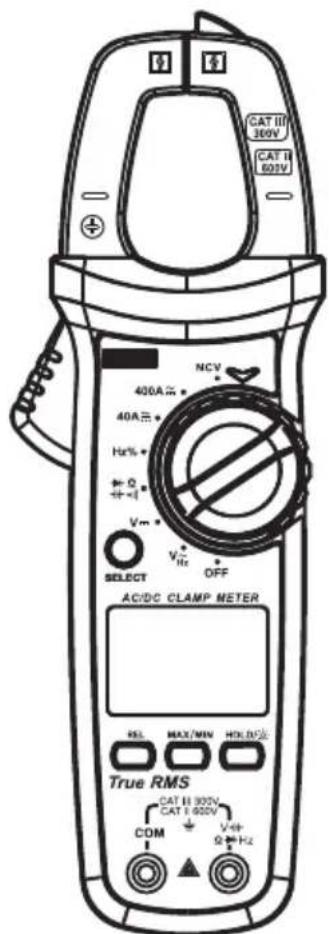 CAT III 300V CAT II 600V NCV 400A 40A Hr% + - Vm SELECT V1 Hz OFF AC/DC CLAMP METER RSL. MAX/MIN HOLD/F2/ True RMS CAT II 300V CAT I 900V COM V++ 0 Hz