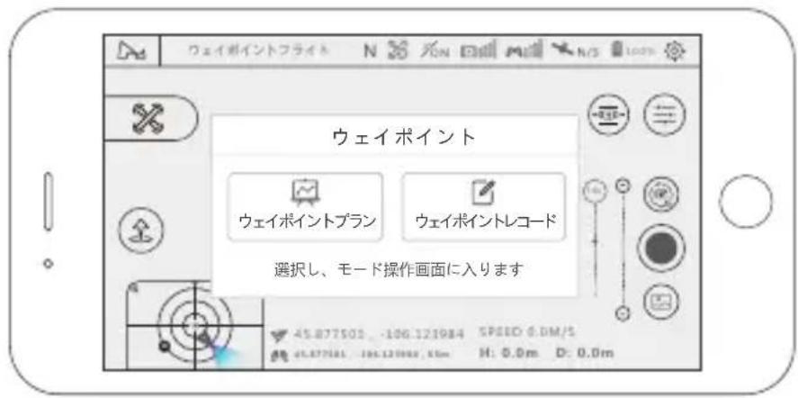 ウェイポイント ウェイポイントプラン ウェイポイントレコード 選択し、モード操作画面に入ります 45.877505 -106.123984 SPEED: 0.0m/s 45.877505 -106.123984, 10m H: 0.0m D: 0.0m
