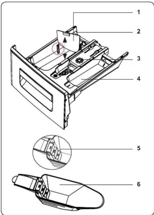 Technical diagram of a device's internal structure with numbered parts and exploded views