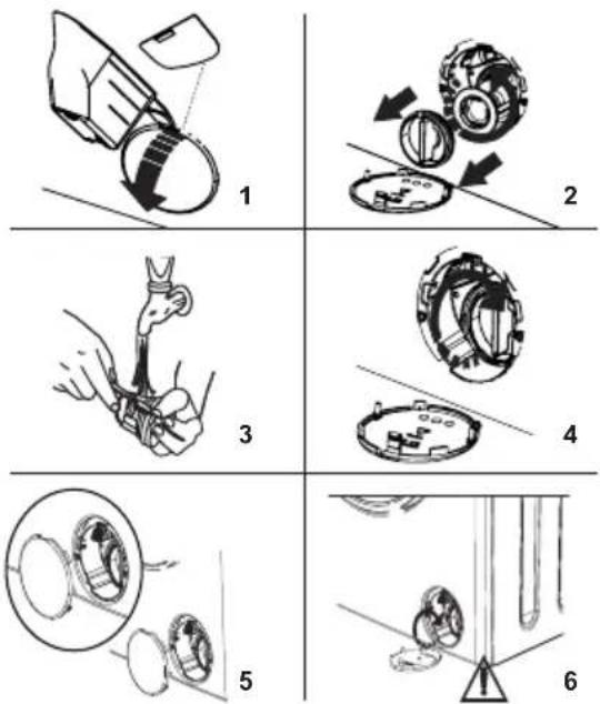 Six-step diagram illustrating mechanical assembly steps with labeled components and directional arrows