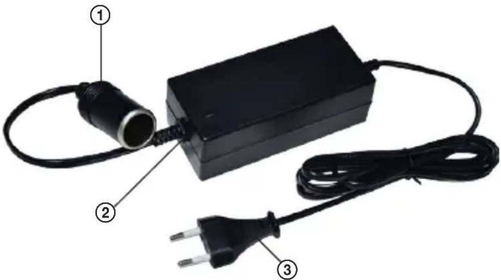 Diagram of an electrical adapter with labeled components: cable, plug, and power outlet