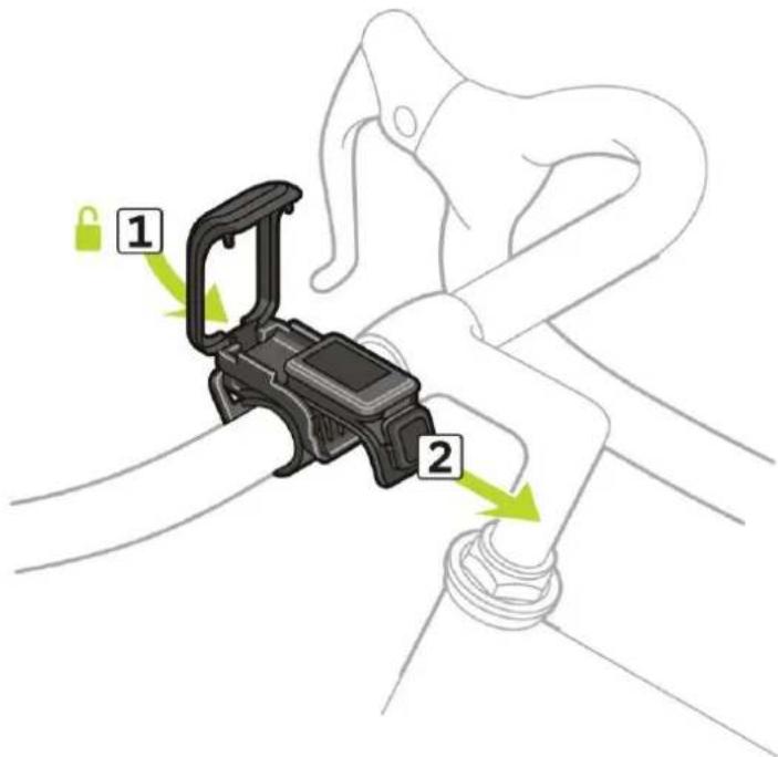 Diagram showing a device being locked into a seatbelt, with labeled parts 1 and 2 indicating the mechanism.