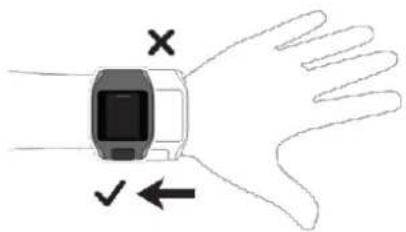 Diagram showing a wristwatch with hand gesture indicators: X and ✓, indicating left-hand rule or control.