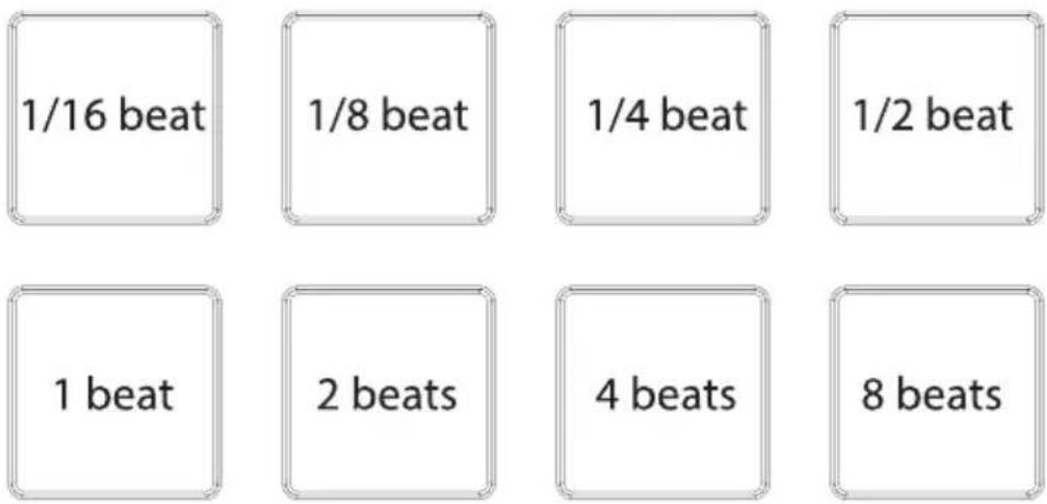 1/16 beat 1/8 beat 1/4 beat 1/2 beat 1 beat 2 beats 4 beats 8 beats