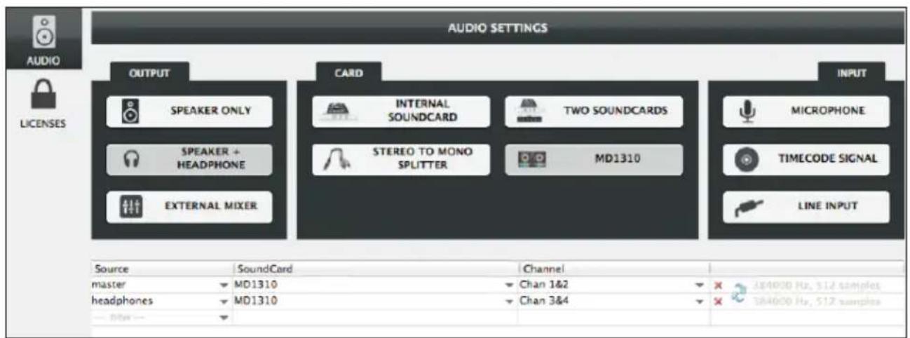 AUDIO SETTINGS OUTPUT SPEAKER ONLY SPEAKER + HEADPHONE EXTERNAL MIXER CARD INTERNAL SOUNDCARD STEREO TO MONO SPLITTER TWO SOUNDCARDS MD1310 INPUT MICROPHONE TIMECODE SIGNAL LINE INPUT Source SoundCard Channel master MD1310 Chan 1&2 headphones MD1310 Chan 3&4 384000 Hz, 512 samples 384000 Hz, 512 samples