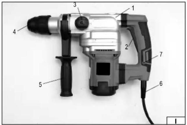Labeled diagram of a mechanical power drill with numbered parts for identification