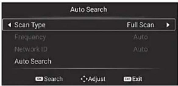 Auto Search Scan Type Full Scan Frequency Auto Network ID Auto Auto Search Search Adjust Exit