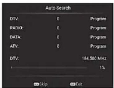 Auto Search DTV: 0 Program RADIO: 0 Program DATA: 0 Program ATV: 0 Program DTV: 184.500 MHz 1% Skip Exit