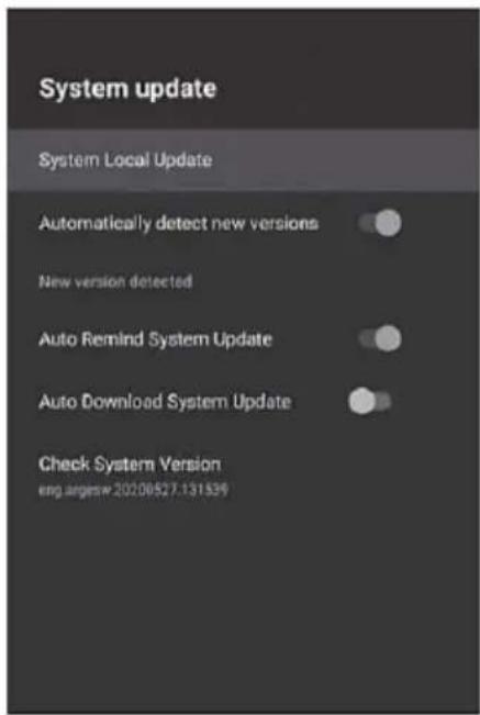 System update System Local Update Automatically detect new versions New version detected Auto Remind System Update Auto Download System Update Check System Version eng.arges#:20206527.131339
