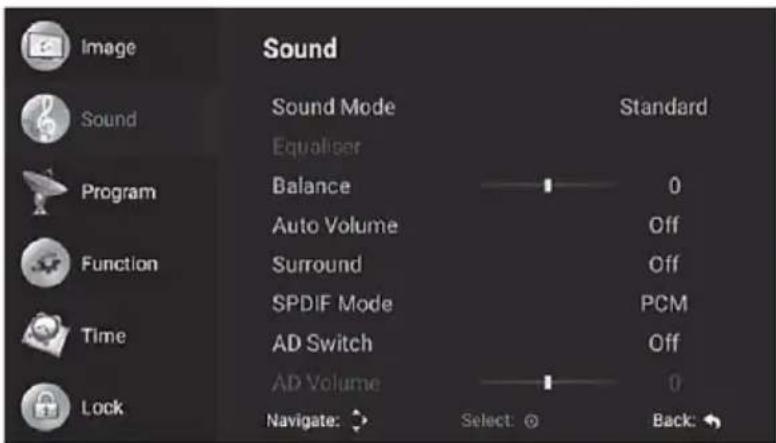 Image Sound Sound Mode Equaliser Balance Auto Volume Surround SPDIF Mode AD Switch AD Volume Navigate: Select: Back: Standard 0 Off Off PCM Off 0 Back