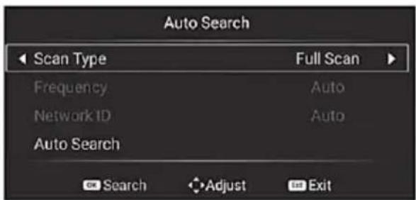 Auto Search Scan Type Full Scan Frequency Auto Network ID Auto Auto Search Search Adjust Exit