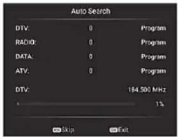 Auto Search DTV: 0 Program RADIO: 0 Program DATA: 0 Program ATV: 0 Program DTV: 184.500 MHz - 1% Skip Exit
