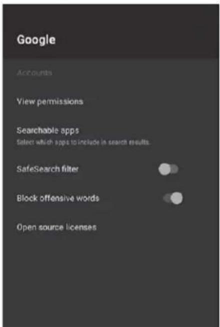 Google Accounts View permissions Searchable apps Select which apps to include in search results. SafeSearch filter Block offensive words Open source licenses
