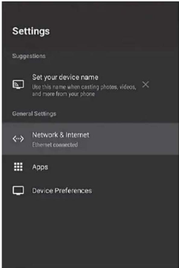 Settings Suggestions Set your device name Use this name when casting photos, videos, and more from your phone General Settings Network & Internet Ethernet connected Apps Device Preferences