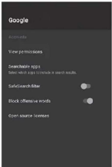 Google Accounts View permissions Searchable apps Select which apps to include in search results. SafeSearch filter Block offensive words Open source licenses