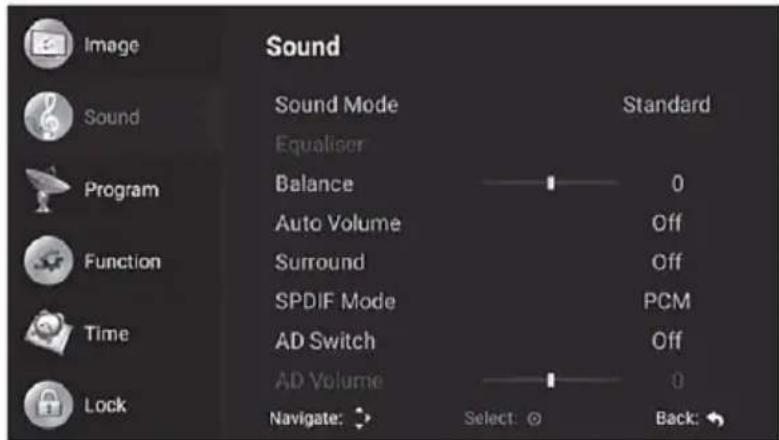 Image Sound Sound Mode Equaliser Balance Auto Volume Surround SPDIF Mode AD Switch AD Volume Navigate: Select: Back: Standard 0 Off Off PCM Off 0 Back