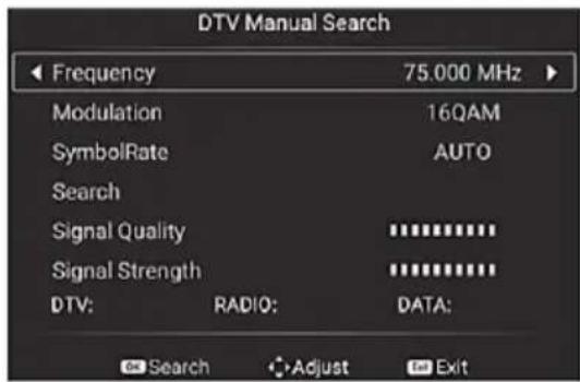 DTV Manual Search Frequency 75.000 MHz Modulation 16QAM SymbolRate AUTO Search Signal Quality ********** Signal Strength ********** DTV: RADIO: DATA: Search Adjust Exit