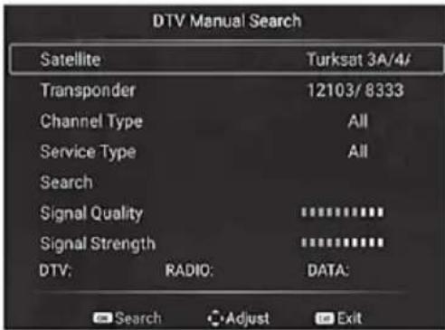 DTV Manual Search Satellite Turksat 3A/4/ Transponder 12103/8333 Channel Type All Service Type All Search Signal Quality ********** Signal Strength ********** DTV: RADIO: DATA: Search Adjust Exit