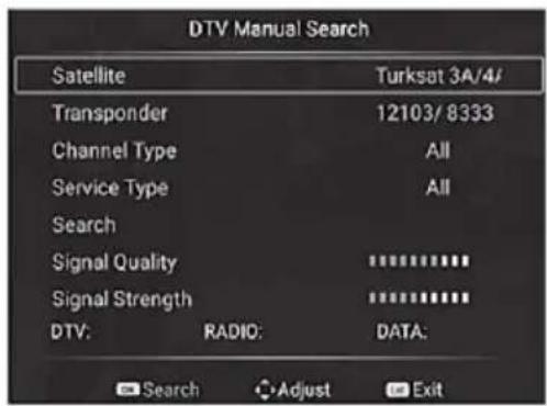 DTV Manual Search Satellite Turksat 3A/4/ Transponder 12103/ 8333 Channel Type All Service Type All Search Signal Quality ********** Signal Strength ********** DTV: RADIO: DATA: Search Adjust Exit