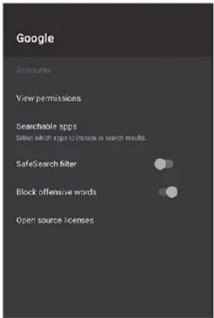 Google Accounts View permissions Searchable apps Select which apps to include in search results. SafeSearch filter Block offensive words Open source licenses