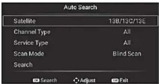Auto Search Satellite 13B/13C/13E Channel Type All Service Type All Scan Mode Blind Scan Search Search Adjust Exit