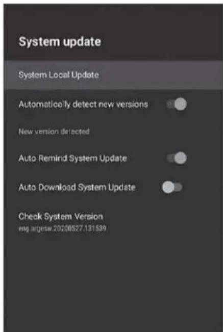 System update System Local Update Automatically detect new versions New version detected Auto Remind System Update Auto Download System Update Check System Version reg argesw 20208527.131539