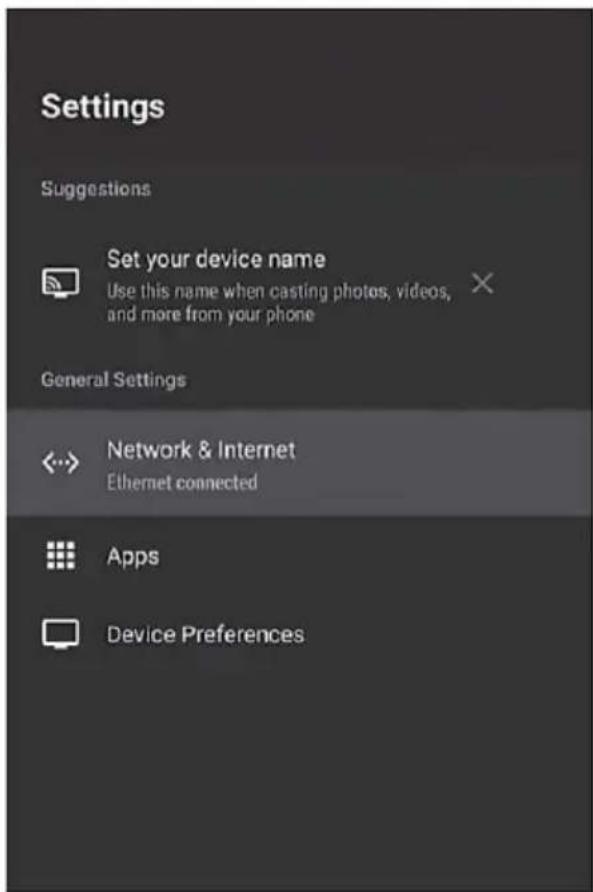 Settings Suggestions Set your device name Use this name when casting photos, videos, and more from your phone General Settings Network & Internet Ethernet connected Apps Device Preferences