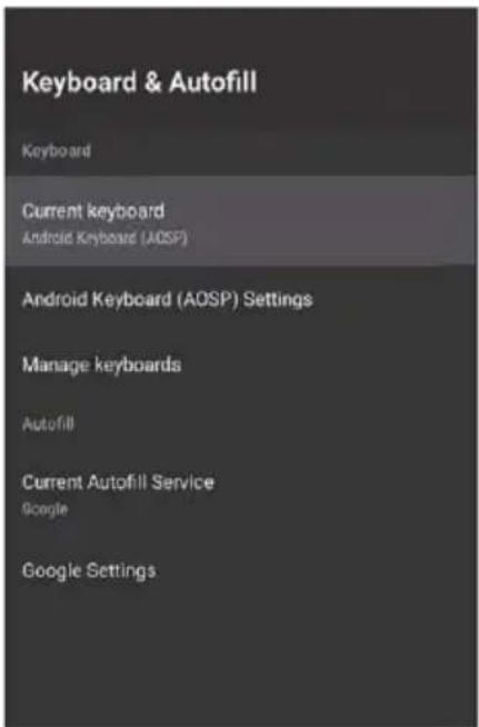 Keyboard & Autofill Keyboard Current keyboard Android Keyboard (AOSP) Android Keyboard (AOSP) Settings Manage keyboards Autofill Current Autofill Service Google Google Settings
