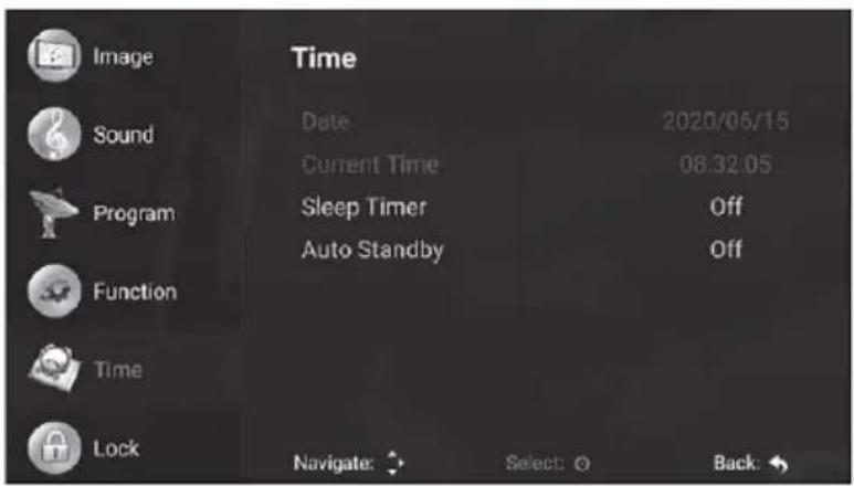 Image Sound Program Function Time Lock Time Date: 2020/06/15 Current Time 08:32.05 Sleep Timer Off Auto Standby Off Navigate: Select: Back: