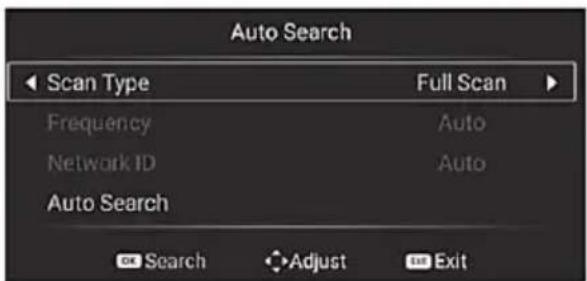 Auto Search Scan Type Full Scan Frequency Auto Network ID Auto Auto Search Search Adjust Exit